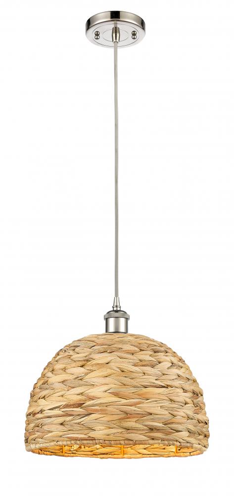 Woven Rattan - 1 Light - 12 inch - Polished Nickel - Mini Pendant