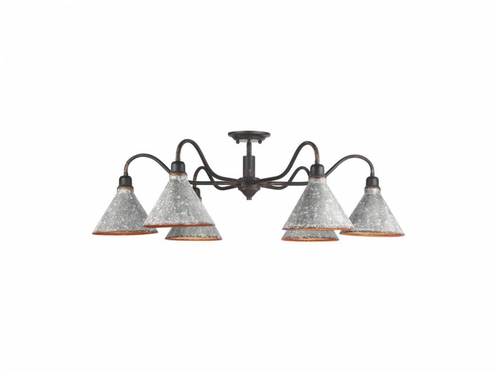 Jasper 6-Light Semi-Flush in Antique Black Iron with Galvanized Steel