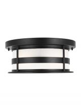  7890902EN3-12 - Wilburn modern 2-light LED outdoor exterior ceiling flush mount in black finish with satin etched gl