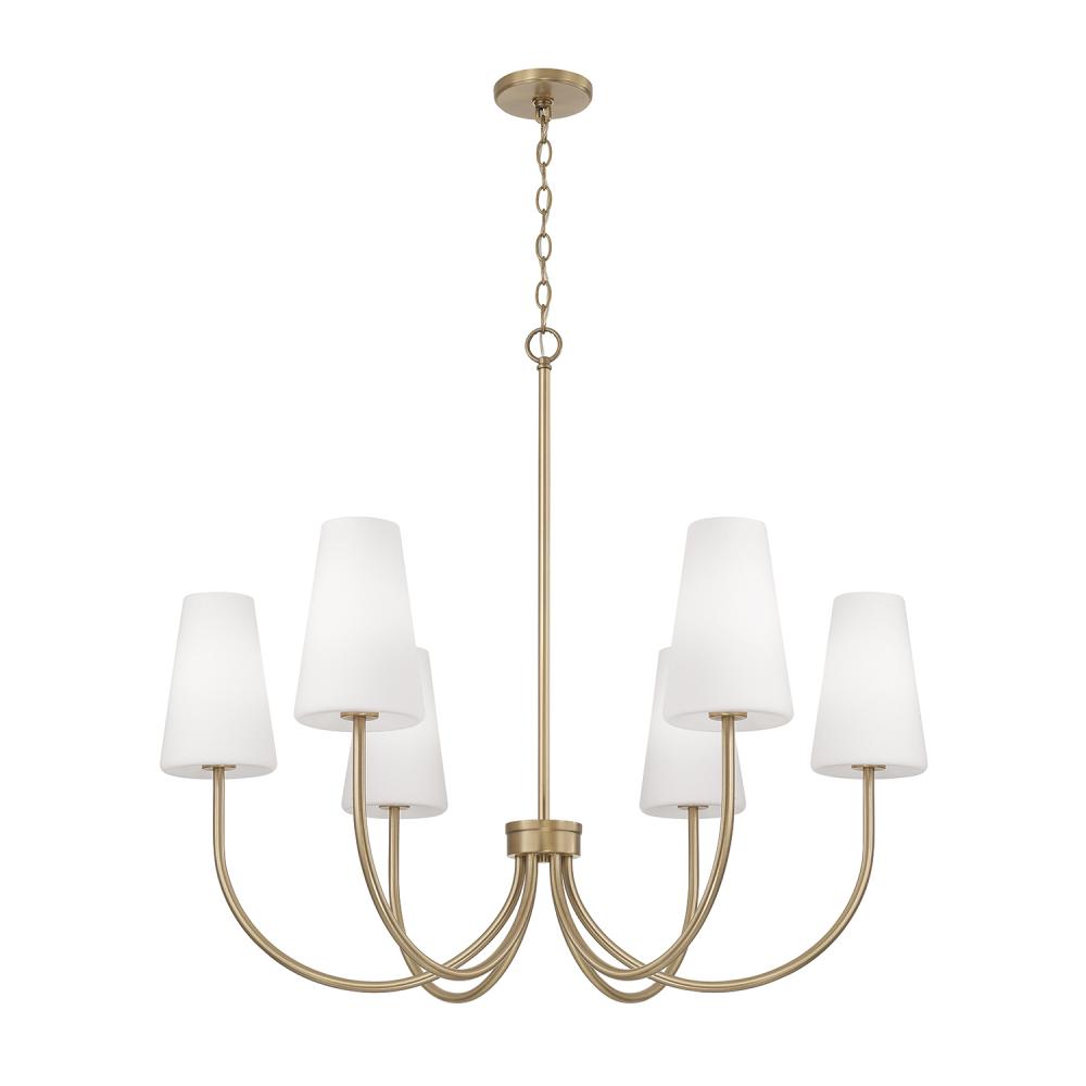 6-Light Transitional Chandelier in Aged Brass with Tapered Soft White Glass