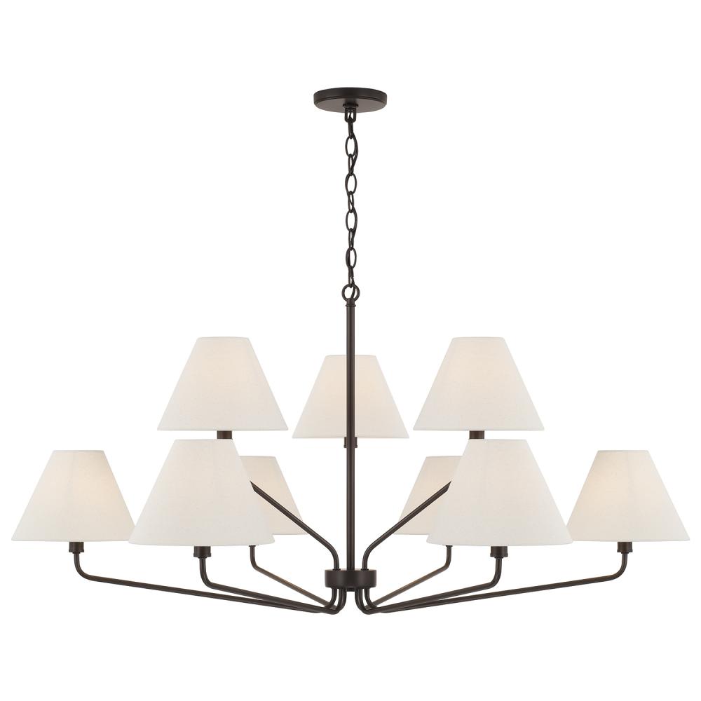 9-Light Angular Two-Tier Chandelier in Espresso with Tapered Soft Tan Fabric Shades