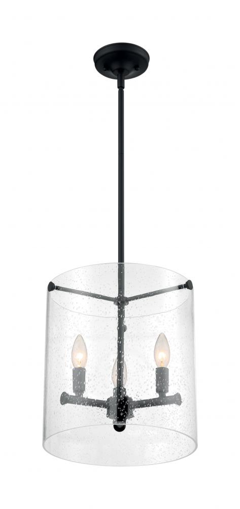 Bransel - 3 Light Pendant with Seeded Glass - Matte Black Finish